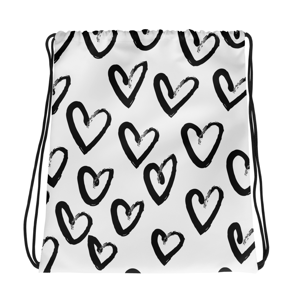 Black hearts drawstring bag