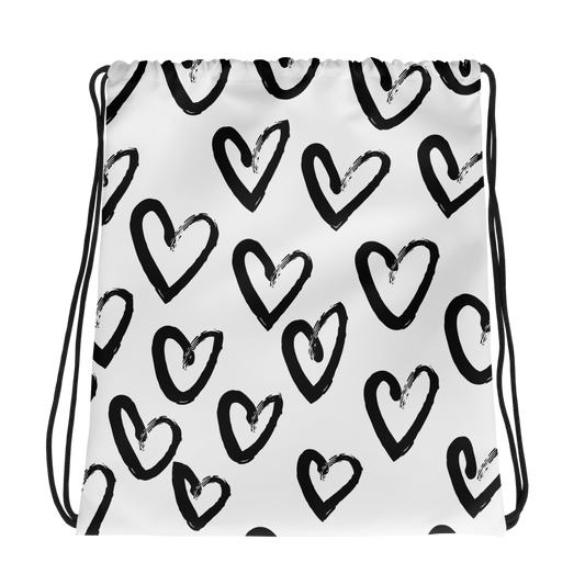 Black hearts drawstring bag