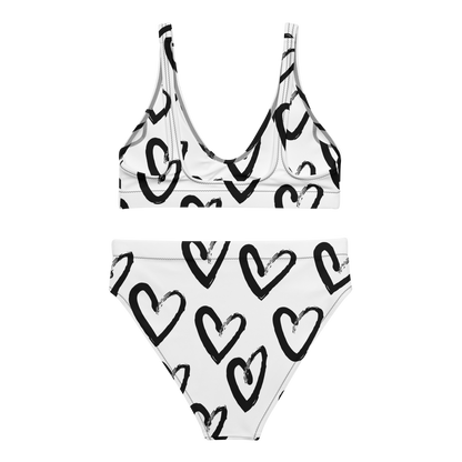 White with black hearts high-waisted bikini