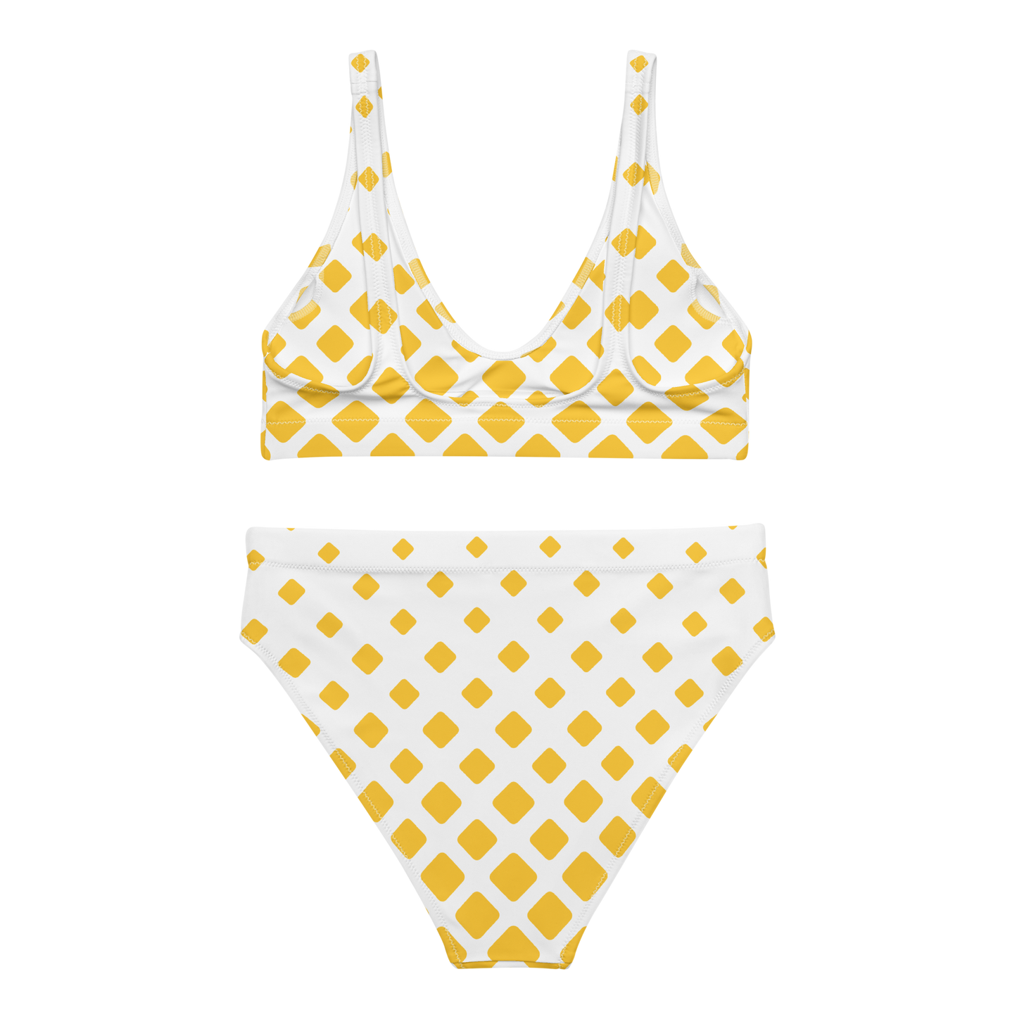 White with Yellow squares high-waisted bikini