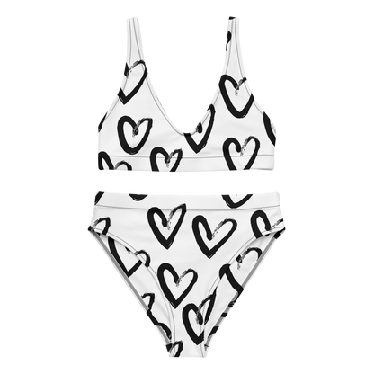 White with black hearts high-waisted bikini