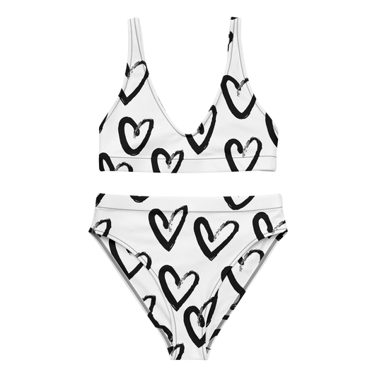 White with black hearts high-waisted bikini