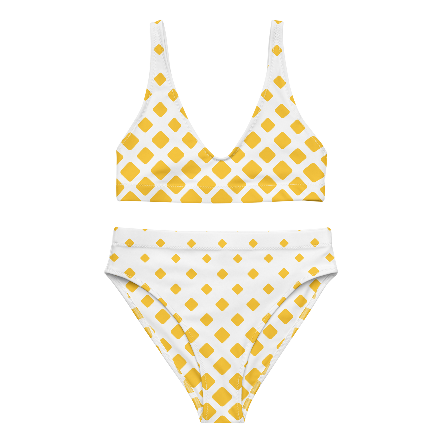 White with Yellow squares high-waisted bikini