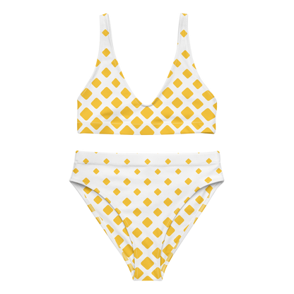 White with Yellow squares high-waisted bikini